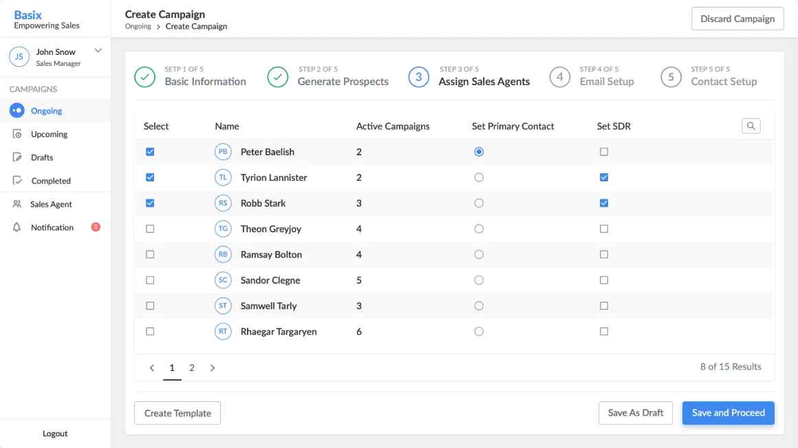 Create campaign: assign sales agents step