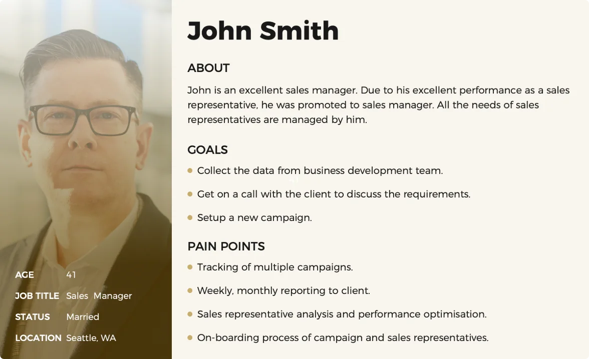 Persona: John Smith, 41, sales manager in Seattle — goals and pain points