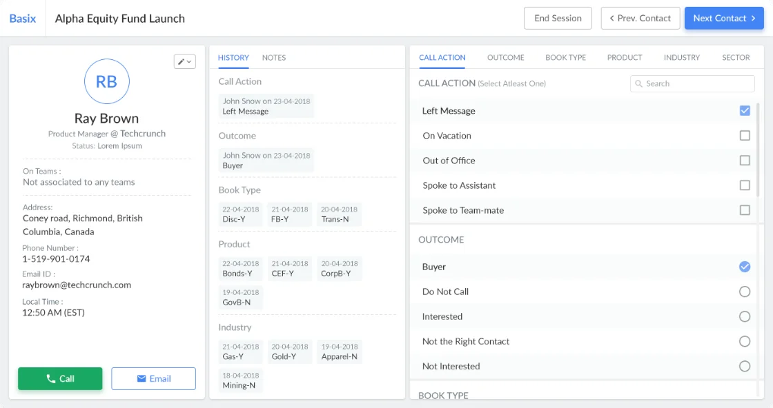 Designed prospect call screen