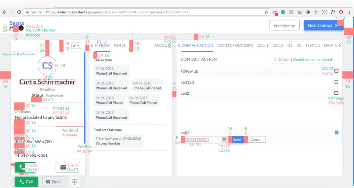 Built call screen annotated with spacing and style issues