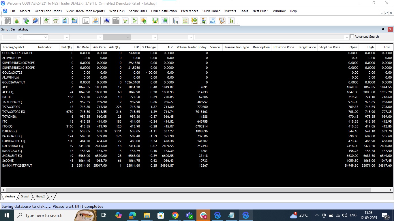 Legacy NEST Trader: a Windows application with a 12-item menu bar, a row of unlabelled toolbar icons and a dense 20-column market-watch grid in a separate Scrips Bar window