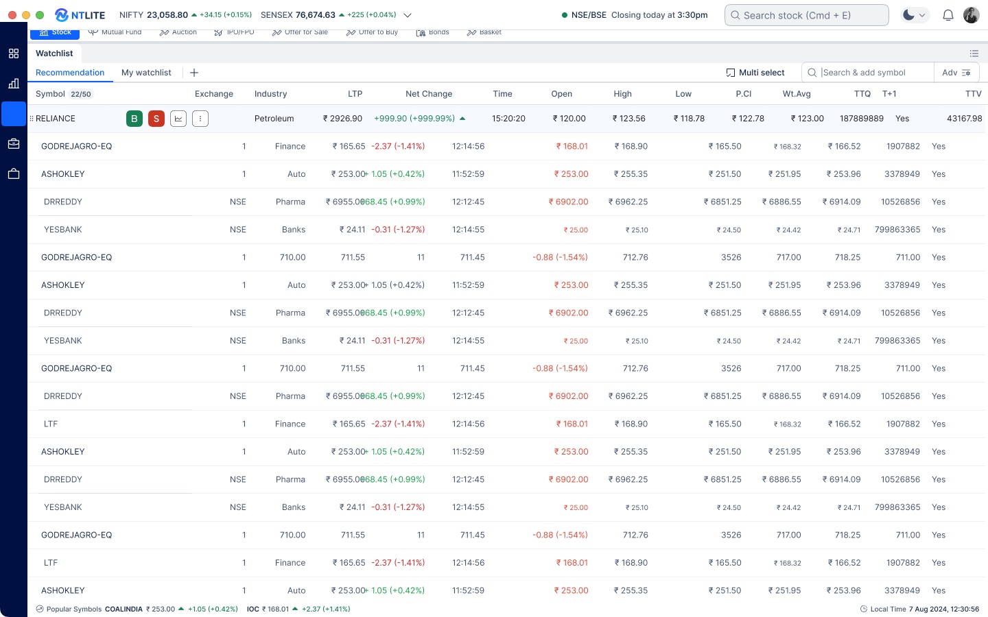 Full-screen watchlist with inline Buy and Sell buttons, industry, high, low and volume columns, multi-select and advanced filters