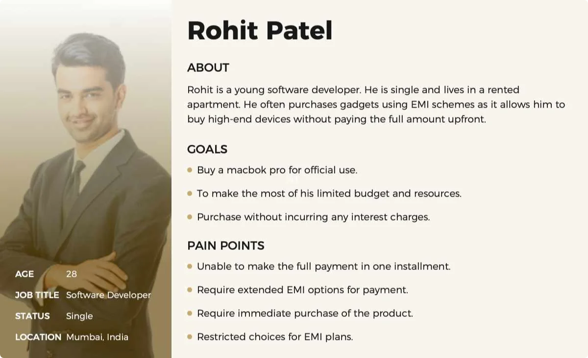 Persona: Rohit Patel, 28, software developer in Mumbai — goals and pain points around EMI purchases