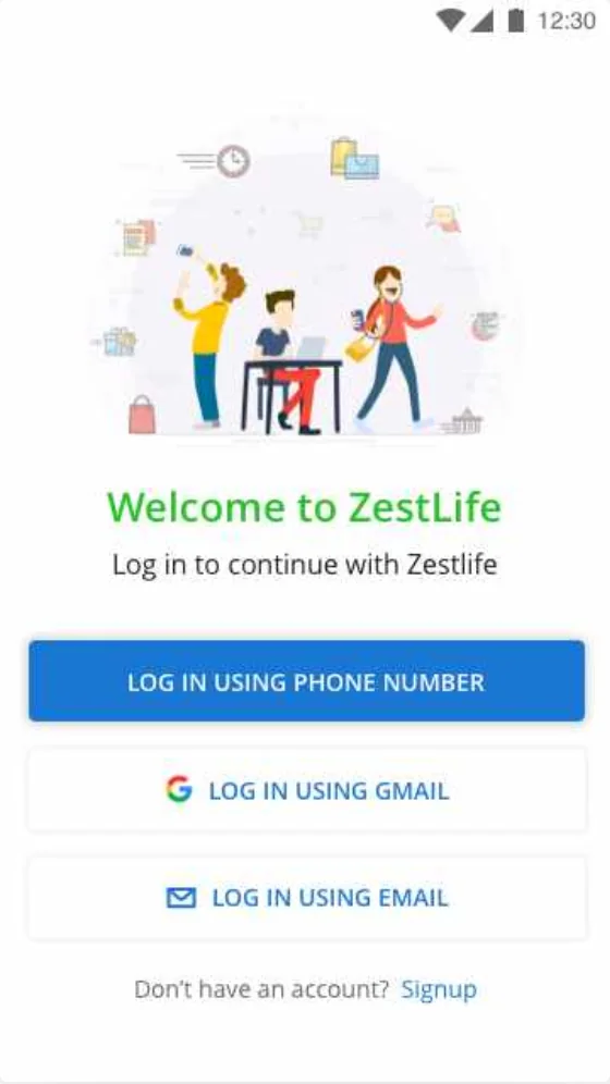 Welcome screen with phone, Gmail and email log-in options