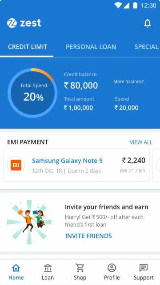 Home showing credit limit, balance and EMI payment
