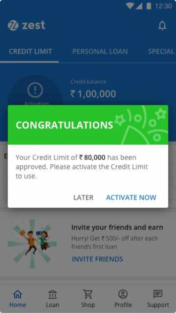 Credit limit approved congratulations dialog