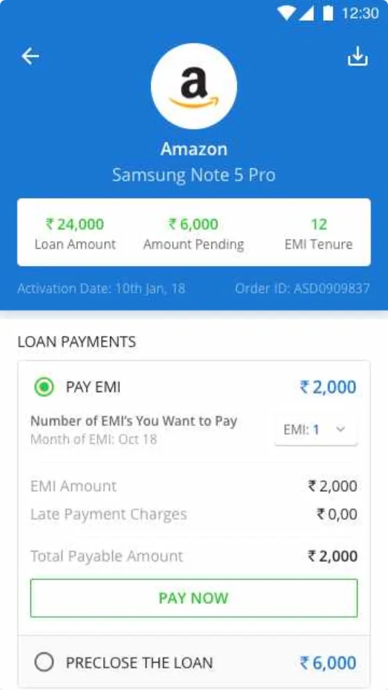 Loan detail with EMI payment options