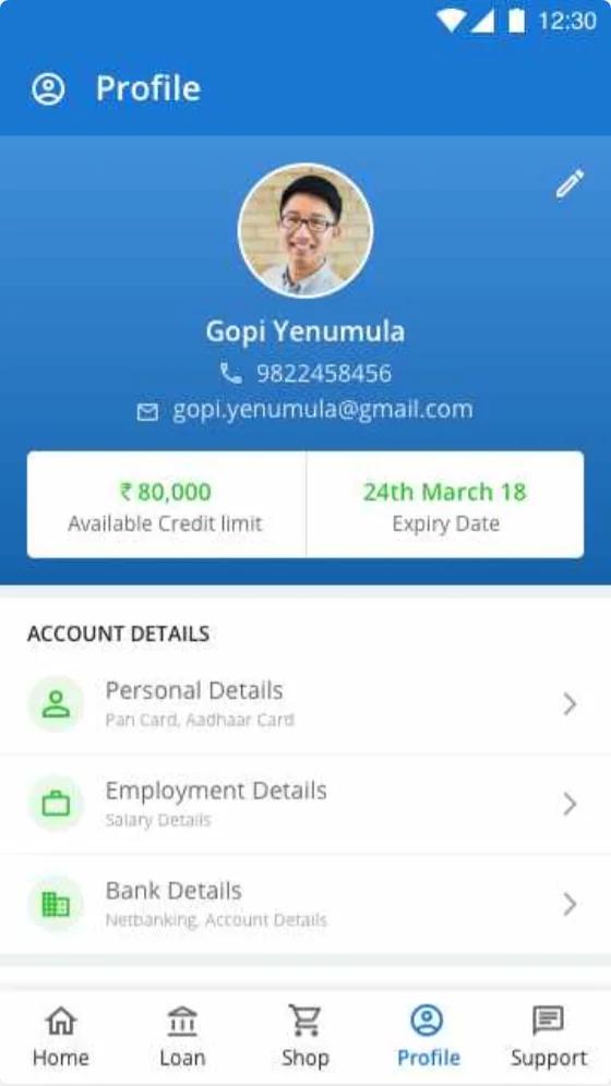 Profile with available credit limit and account details