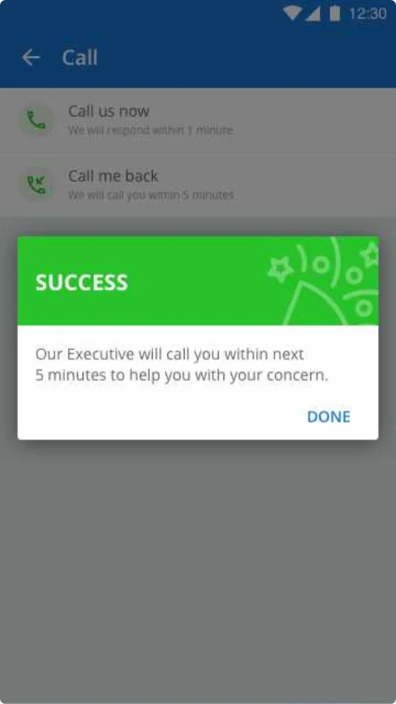 Call-back requested success dialog